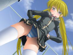 Rule 34 | 1girl, ami hideto, angry, blazer, blonde hair, blue panties, blush, buttons, chain-link fence, cloud, cowboy shot, custom sister, day, dutch angle, fence, from below, game cg, grey eyes, groin, hair between eyes, hands on own hips, jacket, kamishiro yukine, long hair, looking at viewer, looking down, miniskirt, neck ribbon, outdoors, panties, pantyshot, pleated skirt, ribbon, rooftop, school uniform, serafuku, skirt, sky, solo, standing, striped clothes, striped panties, thighhighs, twintails, underwear, upskirt, very long hair, white panties, white thighhighs