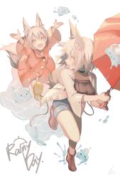 Rule 34 | 2girls, :d, animal ear fluff, animal ears, arms up, black choker, blue shorts, boots, breasts, brown footwear, chasing, choker, english text, fox ears, fox girl, fox tail, grey hair, highres, holding, holding umbrella, jacket, long sleeves, medium breasts, multiple girls, open clothes, open jacket, open mouth, original, puddle, raincoat, red umbrella, saihate (d3), shoe soles, short shorts, shorts, signature, smile, standing, standing on one leg, tail, umbrella, water, white background, white jacket, yellow footwear