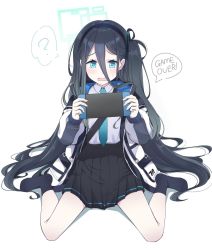 Rule 34 | 1girl, ?, aris (blue archive), bare legs, black hairband, black skirt, black socks, blue archive, blue eyes, blue necktie, collared shirt, english text, full body, hair between eyes, hairband, halo, handheld game console, highres, holding, holding handheld game console, hoshino ouka, jacket, long bangs, long hair, long hair between eyes, long sleeves, looking down, necktie, nintendo switch, one side up, open clothes, open jacket, open mouth, shirt, shirt tucked in, simple background, sitting, skirt, socks, solo, spoken question mark, sweat, very long hair, wariza, white background, white shirt