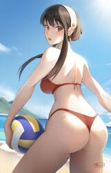 Rule 34 | 1girl, artist name, ass, back, ball, bare shoulders, beach, bikini, black hair, blue sky, blush, breasts, cloud, commentary, commission, day, earrings, english commentary, hairband, highres, holding, holding ball, jewelry, large breasts, long hair, looking at viewer, looking back, mountain, ocean, open mouth, outdoors, parisa reaz, red bikini, red eyes, scar, scar on ass, sky, solo, spy x family, standing, swimsuit, teeth, upper teeth only, volleyball (object), yor briar