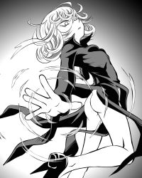 Rule 34 | 1girl, artist request, ass, black dress, breasts, curly hair, dress, gradient background, highres, legs, long sleeves, looking down, monochrome, no panties, one-punch man, parted lips, shoes, short hair, side slit, small breasts, solo, tatsumaki