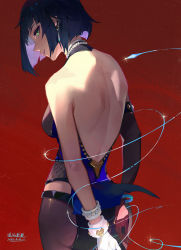 Rule 34 | 1girl, 2022, absurdres, arms behind back, asymmetrical gloves, back, back cutout, back focus, bare back, bead choker, blue hair, bob cut, breasts, clothing cutout, deacon yuan, earrings, elbow gloves, genshin impact, gloves, green eyes, head tilt, highres, jewelry, looking at viewer, looking back, medium breasts, mismatched gloves, parted lips, red background, short hair, signature, simple background, single elbow glove, solo, thigh cutout, white gloves, wristband, yelan (genshin impact)