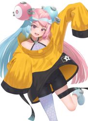 Rule 34 | 1girl, :d, bad id, bad pixiv id, bike shorts, boots, character hair ornament, commentary, creatures (company), eyelashes, game freak, grey shirt, hair ornament, highres, iono (pokemon), jacket, leg up, long hair, long sleeves, looking at viewer, multicolored hair, nintendo, open mouth, pokemon, pokemon sv, purple eyes, shands, sharp teeth, shirt, single leg pantyhose, sleeveless, sleeveless shirt, sleeves past fingers, sleeves past wrists, smile, solo, star (symbol), star print, teeth, thigh strap, tongue, twintails, two-tone hair, upper teeth only, very long hair, yellow jacket