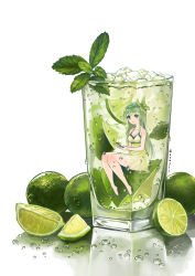 Rule 34 | 1girl, absurdres, bad id, bad pixiv id, barefoot, bolbbangbbang, breasts, cup, dress, drink, drinking glass, food, fruit, green eyes, green hair, hair ornament, highres, ice, ice cube, leaf hair ornament, lime (fruit), lime slice, long hair, medium breasts, mini person, minigirl, mint, mojito, original, reflection, sitting, smile, solo, sundress, underwater, water drop