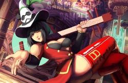 Rule 34 | 1girl, ;3, adapted costume, arc system works, arcade stick, bare shoulders, bass guitar, black bra, blazblue, blowing kiss, blunt bangs, bob cut, boots, bra, breasts, cleavage, commentary, commission, company connection, controller, cosplay, crossed legs, detached sleeves, dress, dude underscore, eyelashes, floating, game controller, guilty gear, hat, highres, i-no, instrument, joystick, lao jiu, lips, lipstick, litchi faye ling, litchi faye ling (cosplay), makeup, one eye closed, red eyes, red footwear, revision, salute, short dress, short hair, solo, thigh boots, thighhighs, thighs, two-finger salute, unbuttoned, underwear, witch hat