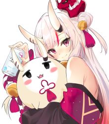 Rule 34 | 1girl, bare shoulders, bell, blush, can, closed mouth, hair bell, hair ornament, holding, holding can, hololive, horns, looking at viewer, mask, mask on head, miruto netsuki, multicolored hair, nakiri ayame, nakiri ayame (1st costume), oni mask, pink eyes, poyoyo (ayame channel), red hair, silver hair, smile, solo, upper body, virtual youtuber