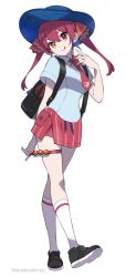 Rule 34 | 1girl, alternate costume, arrow through heart, backpack, bag, black footwear, blue hat, blue shirt, breasts, closed mouth, collared shirt, commentary, creatures (company), full body, game freak, hair between eyes, hair ribbon, hat, head tilt, heterochromia, highres, holding, holding poke ball, hololive, houshou marine, licking lips, long hair, looking at viewer, medium breasts, miniskirt, necktie, nintendo, parody, poke ball, poke ball (basic), pokemon, pokemon sv, red eyes, red hair, red necktie, red ribbon, red skirt, ribbon, shirt, shoes, short sleeves, shuri (84k), simple background, skindentation, skirt, smile, sneakers, socks, solo, standing, striped clothes, striped skirt, style parody, sugimori ken (style), thigh strap, tongue, tongue out, twintails, twitter username, vertical-striped clothes, vertical-striped skirt, virtual youtuber, white background, white socks, wing collar, yellow eyes
