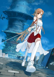 Rule 34 | 10s, 1girl, armor, asuna (sao), belt, boots, brown eyes, brown hair, chitose shuusui, cloud, long hair, long legs, skirt, sky, solo, sword, sword art online, thighhighs, tower, weapon, white armor