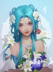 Rule 34 | 1girl, blue background, blue hair, circle, douluo dalu, flower, hair flower, hair ornament, hair rings, highres, jewelry, lily (flower), long hair, looking at viewer, mother&#039;s day, necklace, smile, solo, tang wutong (douluo dalu), tang wutong tongren she, upper body