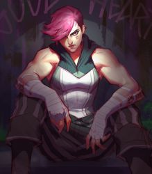 Rule 34 | 1girl, absurdres, arcane: league of legends, arcane vi, bare arms, biceps, eyebrow cut, facial tattoo, highres, hood, hoodie, jeremy anninos, league of legends, muscular, muscular female, pants, pink hair, short hair, sitting, sleeveless, striped clothes, striped pants, tattoo, text background, vi (league of legends), wrist wrap