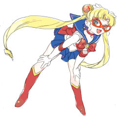 Rule 34 | 1990s (style), 1girl, bishoujo senshi sailor moon, blonde hair, blue eyes, blue sailor collar, blue skirt, boots, bow, full body, glasses, gloves, grin, knee boots, leaning forward, long hair, magical girl, nitako, red bow, retro artstyle, sailor collar, sailor moon, simple background, skirt, smile, solo, tsukino usagi, twintails, white gloves