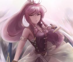 Rule 34 | 1girl, armband, bare shoulders, breasts, choker, expressionless, fire emblem, fire emblem: the sacred stones, fire emblem heroes, gloves, high ponytail, holding, holding sheath, holding sword, holding weapon, leonmandala, long hair, looking at viewer, marisa (fire emblem), medium breasts, nintendo, pink eyes, pink hair, ponytail, see-through, sheath, solo, sword, weapon