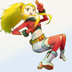 Rule 34 | 1girl, alchera, belt, blonde hair, blue eyes, capcom, character request, female focus, full body, gloves, gradient background, long hair, mega man (series), mega man legends (series), midriff, open mouth, red thighhighs, shorts, solo, thighhighs
