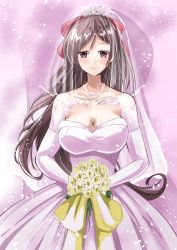 Rule 34 | 1girl, absurdres, bouquet, breasts, bridal veil, brown hair, cleavage, cowboy shot, dress, elbow gloves, flower, gloves, hair ribbon, highres, jewelry, kantai collection, kentan (kingtaiki), large breasts, long hair, looking at viewer, mamiya (kancolle), necklace, pearl necklace, red ribbon, ribbon, solo, tiara, veil, wedding dress, white dress, white gloves