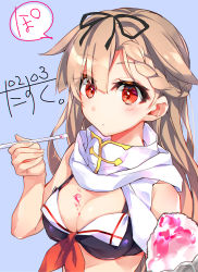 Rule 34 | 1girl, absurdres, alternate costume, bikini, black ribbon, blush, breasts, cleavage, dessert, food, food on body, food on breasts, gradient background, hair between eyes, hair flaps, hair ornament, hair ribbon, hairclip, highres, ice cream, kantai collection, light brown hair, long hair, looking at viewer, medium breasts, narumiya (empty cafe), red eyes, ribbon, scarf, solo, straight hair, swimsuit, yuudachi (kancolle), yuudachi kai ni (kancolle)