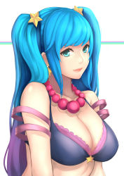 Rule 34 | 1girl, absurdres, arcade sona, bare shoulders, bead necklace, beads, bikini, black bikini, blue eyes, blue hair, bra, breasts, cleavage, closed mouth, collarbone, earrings, gradient hair, hair ornament, highres, jewelry, large breasts, league of legends, long hair, looking at viewer, multicolored hair, necklace, purple bra, purple hair, smile, solo, sona (league of legends), star (symbol), star earrings, star hair ornament, swept bangs, swimsuit, twintails, underwear, upper body, very long hair, yashichii