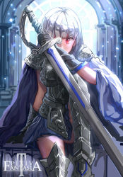 Rule 34 | 1girl, armor, armored dress, breastplate, chest plate, covering one eye, faulds, gauntlets, greaves, highres, holding, holding weapon, huge weapon, hunxiao xingshuang, long hair, looking at viewer, original, pauldrons, pixiv fantasia, pixiv fantasia t, red eyes, shoulder armor, silver hair, sitting, sketch, solo, sword, thighhighs, weapon, zettai ryouiki