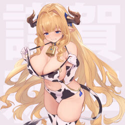 Rule 34 | 1girl, animal print, bell, blonde hair, blue eyes, breasts, brown horns, cleavage, clenched teeth, clothes pull, clothing cutout, collar, commentary request, cow print, cow tail, cowbell, cowboy shot, draph, elbow gloves, embarrassed, fake tail, gloves, granblue fantasy, halterneck, happy new year, highres, horns, large breasts, long hair, looking down, navel, new year, one-piece swimsuit, one-piece swimsuit pull, pointy ears, razia, solo, stomach cutout, swimsuit, tail, teeth, text background, thighhighs, thighs, translation request, u jie