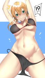 Rule 34 | !?, 10s, 1girl, @ @, ^^^, anchor hair ornament, arms up, bare arms, bare legs, bare shoulders, bikini, bikini pull, black bikini, black ribbon, blonde hair, blush, breasts, breasts apart, closed mouth, clothes pull, commentary request, cowboy shot, gluteal fold, green eyes, groin, hair between eyes, hair ornament, hair ribbon, highres, kantai collection, large breasts, legs apart, long hair, looking at viewer, low twintails, medium breasts, navel, nose blush, onineko-chan, prinz eugen (kancolle), ribbon, side-tie bikini bottom, smile, solo, stomach, surprised, sweat, swimsuit, tearing up, tears, twintails, underboob, untied bikini, wardrobe malfunction, water drop