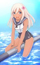 Rule 34 | 10s, 1girl, blue eyes, crop top, flower, hair flower, hair ornament, kantai collection, lifebuoy, long hair, rasielcochma, ro-500 (kancolle), sailor collar, school swimsuit, sitting, soaking feet, swim ring, swimsuit, swimsuit under clothes, tan, tanline, water