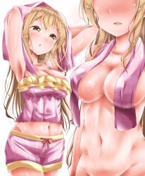 Rule 34 | 10s, 1girl, :o, armpits, arms up, bang dream!, blonde hair, blush, breasts, camisole, cleavage, collarbone, commentary request, covered erect nipples, cowboy shot, crop top, crossed bangs, drying, faceless, frilled camisole, frills, groin, hair between eyes, hair down, highres, ichigaya arisa, large breasts, long hair, midriff, multiple views, navel, nose blush, nude, oden70 (omekoken), open mouth, out-of-frame censoring, pink camisole, pink shorts, short shorts, shorts, sidelocks, simple background, standing, stomach, towel, towel around neck, towel on head, towel over breasts, upper body, wet, wet hair, white background, yellow eyes
