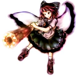 Rule 34 | 1girl, arm cannon, black background, brooch, evil smile, female focus, full body, gem, green skirt, highres, jewelry, red eyes, red hair, reiuji utsuho, shoes, shuu (sirokumasabu), simple background, skirt, smile, solo, swept bangs, touhou, transparent background, weapon, wings