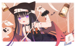 Rule 34 | 1girl, absurdres, animal ears, arm up, bandaged arm, bandaged hand, bandages, bare shoulders, black collar, black dress, black hair, black nails, blood, bloody bandages, bow, breasts, cat ears, collar, collarbone, commentary, dress, english commentary, fang, frilled dress, frills, fufumi, ghost, halloween, highres, lantern, looking at viewer, low wings, nail polish, open mouth, orange bow, original, purple eyes, red wings, sleeveless, sleeveless dress, slit pupils, small breasts, solo, striped, striped bow, wings