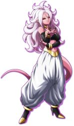 Rule 34 | 1girl, alternate form, android 21, ankle boots, bandai namco, black nails, black sclera, boots, colored sclera, colored skin, detached sleeves, dragon ball, dragon ball fighterz, full body, harem pants, high heel boots, high heels, light purple hair, looking at viewer, majin (race), majin android 21, messy hair, nail polish, navel, official art, pants, pink skin, pointing, pointing at viewer, red eyes, smile, solo, stomach, tail, transparent background