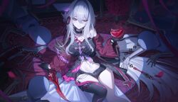 Rule 34 | 1girl, absurdres, anklet, belly, black choker, black gloves, black ribbon, black shorts, bright pupils, chain, choker, cross, drink, falling petals, flower, gloves, hair ornament, hashtag-only commentary, highres, holding, holding drink, honkai (series), honkai impact 3rd, jacket, jewelry, jeze, long hair, long sleeves, looking at viewer, low light, navel, petals, puppet, purple eyes, red jacket, red ribbon, ribbon, shorts, single bare leg, single bare shoulder, single leg pantyhose, sitting, thelema (honkai impact), very long hair, weapon, whip sword, white pupils