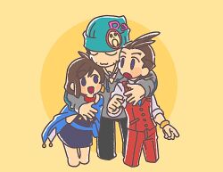 Rule 34 | 1girl, 2boys, :3, ace attorney, antenna hair, apollo justice, apollo justice: ace attorney, blue cape, blue eyes, blue headwear, bracelet, brown hair, cape, closed eyes, closed mouth, formal, hat, hug, jewelry, lcageki, multiple boys, open mouth, pants, phoenix wright, red pants, red vest, shirt, short hair, smile, suit, trucy wright, vest