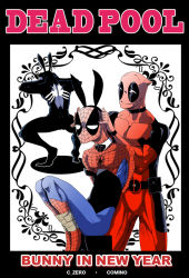 Rule 34 | 3boys, angry, animal ears, animification, arms behind back, bdsm, belt, bodysuit, bondage, bound, bow, bowtie, chair, character name, choker, collar, completezero, deadpool, deadpool (series), male focus, marvel, mask, multiple boys, muscular, peter parker, rabbit ears, smile, spider-man, spider-man (series), tape, venom (marvel)