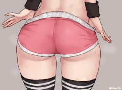 Rule 34 | 1girl, ass, ass focus, bluefield, cameltoe, close-up, clothes pull, from behind, grey background, highres, original, pink shorts, pulled by self, short shorts, shorts, shorts pull, simple background, solo, sweat, thighhighs, thighs, wristband