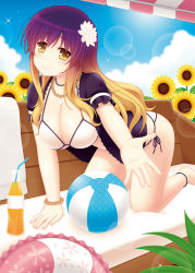 Rule 34 | 1girl, adapted costume, all fours, arm garter, ball, beachball, bead bracelet, bead necklace, beads, bikini, blonde hair, blush, bracelet, breasts, cleavage, cpu (hexivision), drink, flower, foreshortening, gradient hair, hijiri byakuren, jewelry, large breasts, lens flare, long hair, looking at viewer, multicolored hair, necklace, open clothes, open shirt, purple hair, reaching, reaching towards viewer, shirt, short sleeves, side-tie bikini bottom, smile, solo, sparkle, sunflower, sunlight, swimsuit, touhou, underboob, white bikini, yellow eyes