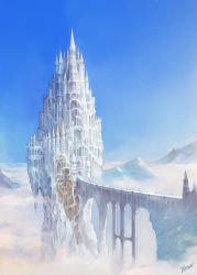 Rule 34 | above clouds, absurdres, arizdigitalart, blue sky, bridge, building, city, cityscape, cloud, commentary, day, english commentary, fantasy, final fantasy, final fantasy xiv, gate, highres, in-universe location, mountain, no humans, outdoors, scenery, signature, sky, spire, tower