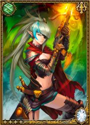 Rule 34 | 1girl, armor, arrow (projectile), belt, blue hair, blue sky, boots, bow (weapon), brown footwear, cape, card (medium), cowboy shot, crossbow, fighting stance, fire, gloves, hair ornament, holding, holding weapon, infernal explorer, leg up, long hair, looking at viewer, magnus ignis, midriff, multicolored hair, navel, one-eyed, patipat asavasena, pencil skirt, pointy ears, ponytail, quiver, red eyes, skirt, sky, solo, standing, thigh boots, thighhighs, two-tone hair, weapon, white hair