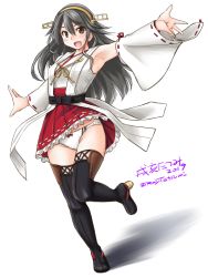 Rule 34 | 1girl, armpits, artist name, bare shoulders, black hair, boots, breasts, brown eyes, detached sleeves, frilled skirt, frills, full body, hair ornament, hairband, hairclip, haruna (kancolle), headgear, kantai collection, long hair, looking at viewer, medium breasts, navel, nontraditional miko, open mouth, panties, pleated skirt, red skirt, ribbon-trimmed sleeves, ribbon trim, simple background, skirt, smile, solo, striped clothes, striped panties, tatsumi ray, thigh boots, thighhighs, twitter username, underwear, white background, wide sleeves