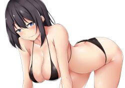 Rule 34 | 1girl, 3:, absurdres, all fours, ass, bare shoulders, bikini, black bikini, black hair, blue eyes, blush, breasts, butt crack, cleavage, collarbone, hanging breasts, highres, large breasts, long hair, looking at viewer, original, simple background, solo, swimsuit, terakoya, white background