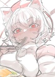 Rule 34 | 1girl, animal ear fluff, animal ears, bare shoulders, breasts, chopsticks, eating, food, hat, highres, holding, holding chopsticks, inubashiri momiji, looking at viewer, medium breasts, noodles, ramen, red eyes, shirt, short hair, simple background, solo, tokin hat, touhou, upper body, white background, white hair, white shirt, white sleeves, wolf ears, wolf girl, yoyoiro (sysi20)