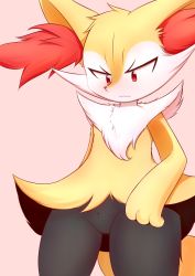 Rule 34 | 1girl, absurdres, animal ear fluff, animal ears, animal nose, black fur, blush, body fur, braixen, closed mouth, cowboy shot, creatures (company), embarrassed, artistic error, female focus, flat chest, fox ears, fox girl, fox tail, furry, furry female, game freak, gen 6 pokemon, gluteal fold, highres, kryztar, looking down, nintendo, nose blush, pink background, pokemon, pokemon (creature), pussy, red eyes, simple background, snout, solo, tail, thighs, uncensored, v-shaped eyebrows, wavy mouth, white fur, yellow fur