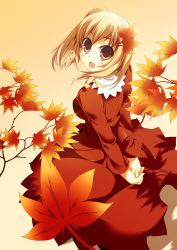 Rule 34 | 1girl, :d, aki shizuha, amanooni touri, arms behind back, autumn, autumn leaves, bad id, bad pixiv id, blonde hair, blush, branch, breasts, brown eyes, collar, female focus, hair ornament, highres, large breasts, leaf, leaf hair ornament, long skirt, long sleeves, looking at viewer, looking back, maple leaf, open mouth, red shirt, red skirt, shirt, short hair, simple background, skirt, smile, solo, touhou, white collar, yellow eyes