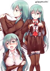 Rule 34 | 10s, 1boy, 1girl, admiral (kancolle), aqua eyes, aqua hair, blazer, blouse, blush, breast hold, breast press, breasts, brown jacket, clothes hanger, cowboy shot, hair between eyes, head on chest, highres, holding, holding clothes, jacket, kantai collection, kimura shuuichi, long hair, miniskirt, multiple views, one eye closed, open mouth, pleated skirt, remodel (kantai collection), shirt, skirt, suzuya (kancolle), upper body, white shirt