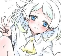 Rule 34 | 1girl, arm warmers, ascot, blue eyes, collared shirt, commentary request, curled fingers, dress shirt, kantai collection, natsugumo (kancolle), ototachibana rai, parted lips, shirt, short hair, sitting, smile, solo, upper body, v, white hair, white shirt, yellow ascot