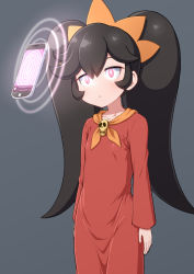Rule 34 | 1girl, :o, arms at sides, ashley (warioware), black hair, cellphone, collarbone, dot nose, dress, female focus, floating, floating object, glowing, glowing eyes, hair between eyes, hairband, hypnosis, long hair, long sleeves, looking at object, mind control, neckwear request, nintendo, orange hairband, orange neckwear, parted lips, phone, red dress, red eyes, sidelocks, skull, smartphone, solo, standing, torathi, twintails, warioware