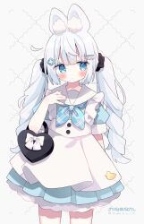 Rule 34 | 1girl, animal ear fluff, animal ears, apron, black scrunchie, blue dress, blue eyes, blue neckerchief, blush, bow, closed mouth, commentary request, dress, drill hair, grey background, grey hair, hair ornament, hair scrunchie, hairclip, hand up, heart-shaped bag, highres, long hair, nakkar, neckerchief, original, plaid neckerchief, puffy short sleeves, puffy sleeves, sailor collar, sailor dress, scrunchie, short sleeves, solo, standing, twin drills, twintails, twitter username, very long hair, white apron, white bow, white sailor collar