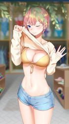 Rule 34 | 1girl, absurdres, bikini, bikini top only, bikini under clothes, blue eyes, blush, breasts, cleavage, closed mouth, clothes lift, day, front-tie bikini top, front-tie top, go-toubun no hanayome, hair between eyes, highres, kongbai, large breasts, lifted by self, lips, looking at viewer, nail polish, nakano ichika, navel, one eye closed, orange bikini, pink hair, polka dot, polka dot bikini, polka dot bikini top, shirt, shirt lift, short hair, short shorts, shorts, smile, solo, standing, swimsuit, yellow nails