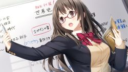 Rule 34 | 1girl, black eyes, black hair, board, book, bow, bowtie, breasts, dutch angle, game cg, glasses, indoors, kanji, kiss bell, long hair, mikoto akemi, open mouth, pen, school uniform, solo, standing, takahata chiharu, text focus