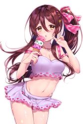 Rule 34 | 1girl, belly chain, bikini, blush, breasts, brown hair, cleavage, collarbone, cowboy shot, debi tarou, dot nose, hair between eyes, hair ribbon, hand up, heart, heart necklace, holding food, holding ice cream, ice cream, idolmaster, idolmaster shiny colors, jewelry, long hair, looking at viewer, medium breasts, navel, necklace, one side up, open mouth, osaki tenka, plaid, plaid ribbon, polka dot, polka dot bikini, purple bikini, red ribbon, ribbon, simple background, solo, swimsuit, usano, white background, yellow eyes