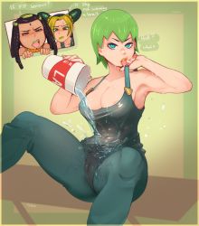 Rule 34 | 3girls, areola slip, black hair, blonde hair, blue eyes, blush, breasts, chibi, chibi inset, cleft of venus, commentary, cone hair bun, cup, double bun, dreadlocks, english commentary, english text, ermes costello, foo fighters (jojo), green hair, green lips, hair bun, hair ornament, highres, holding, holding cup, jojo no kimyou na bouken, justrube, kuujou jolyne, looking at viewer, medium hair, multicolored hair, multiple girls, no bra, open mouth, overalls, pouring, pouring onto self, shirt, short hair, signature, simple background, stone ocean, sweatdrop, tongue, tongue out, two-tone hair, water, wet, wet clothes, wet shirt