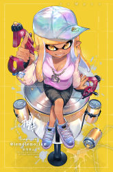 Rule 34 | 1girl, black shorts, can, crossed legs, drink can, gun, highres, inkling, inkling girl, inkling player character, jinkoika, looking at viewer, nintendo, shorts, sitting, smile, soda can, solo, splatoon (series), weapon, yellow eyes