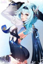 Rule 34 | 1girl, aqua hair, ass, bare shoulders, breasts, cape, eula (genshin impact), genshin impact, gloves, hairband, highres, leotard, long hair, looking at viewer, shiny clothes, shiny skin, smile, sofit, solo, sword, thighhighs, weapon, yellow eyes